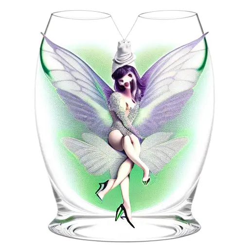 Absinthe Green Fairy Sitting With Legs Out In A Glass With Long Green Draping Wings