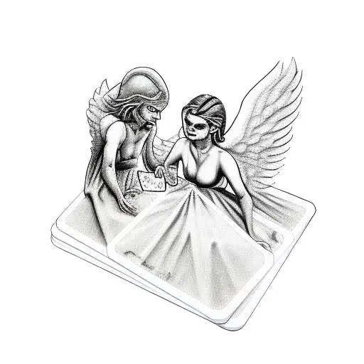 An Angel And Devil Playing A Card Game