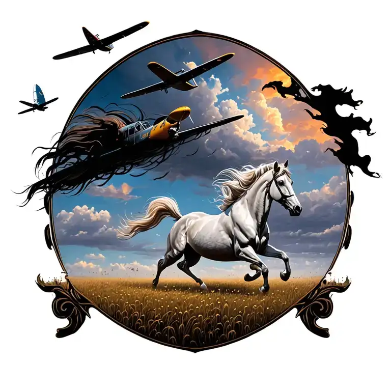 Horse Galloping Through A Field And Spitfire Flying Above
