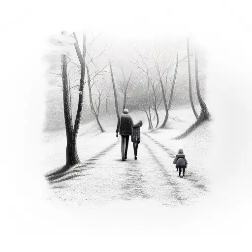 A Black And Grey Tattoo Of Animals Walking Along A Mountain Path With Your Kids Leading The Way