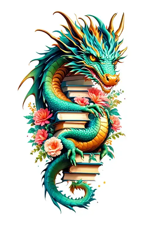 Dragon With Books Surrounded By Florals