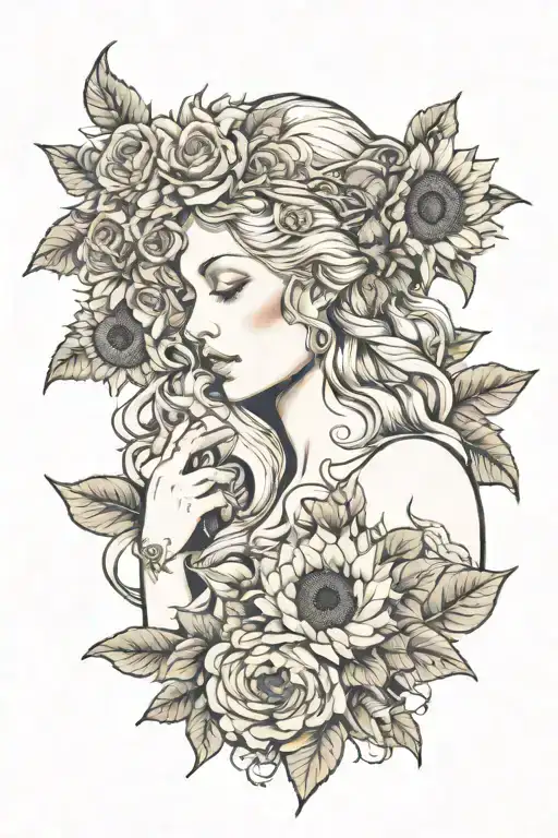 Aphrodite Kissing Freyja With A Background Of Sunflowers And Roses
