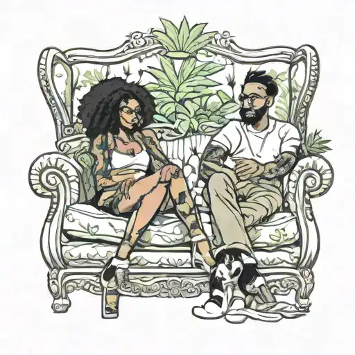 Man And Black Woman Sitting Large Sofa Marijuana Friends Sitting