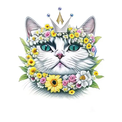 A Yellow And White Cat Wearing A Crown Of Flowers