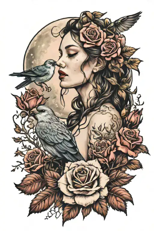 Rose Full Moon And Birds Over The Portrait Of The Red Creek Girl