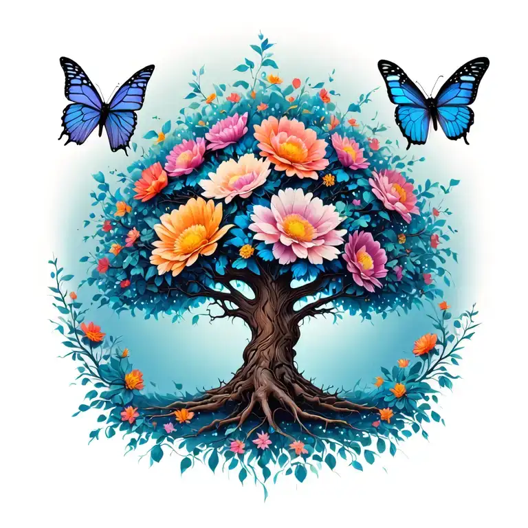 Back Tattoo Posion Tree With Died Flowers And Butterflies Surrounding The Tree