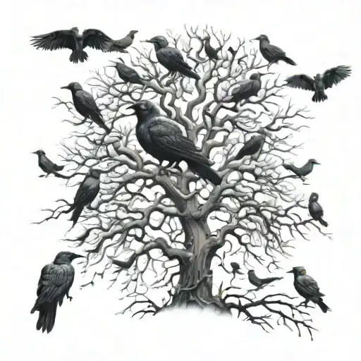 Large Dead Sicamore Tree Covered In Crows With A Little Boy Crying Beneath It