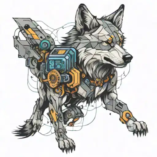 A Cyberpunk-inspired Tattoo Featuring A Wolf With Futuristic Technology Integrated Into Its Design
