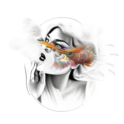 Woman With Smoke Coming Out Of Her Eyes And Smoke And Doves In The Background