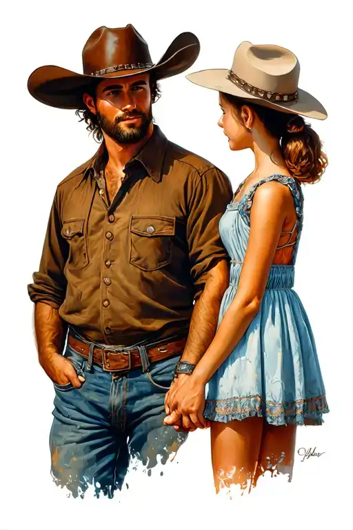 Cowboy With To Daughter Holding Hands