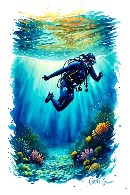 Sea Surface Around Forearm With Diver That Us Diving Towards Sea Bottom In Watercolor Style