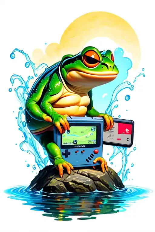 Politoed On A Rock With A Gameboy Color In The Background That Has Water Flowing From The Screen