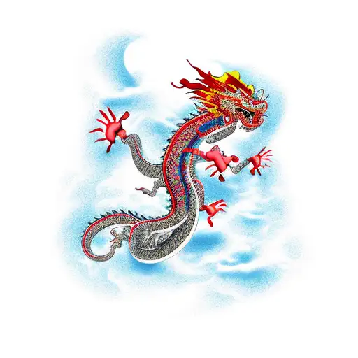 Long Flat Chinese Dragon With Red Parts Flying Above Mountains