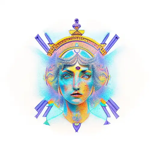 A Minimalist Tattoo Of The Greek Goddess Athena Surrounded By Psychedelic Patterns