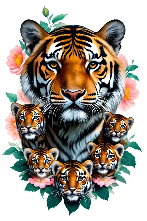 Tiger And 7 Cubs Tattoo Design Featuring Flowers Intertwined