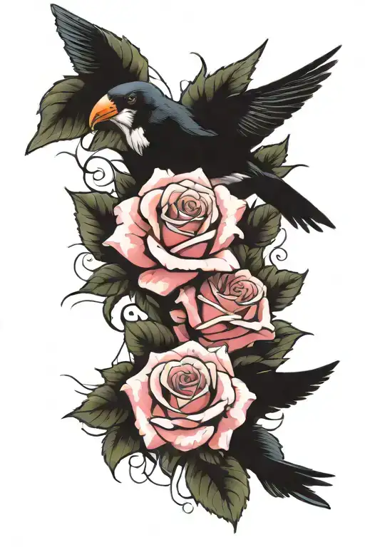 Two Roses Protected By Swallow Bird Flying