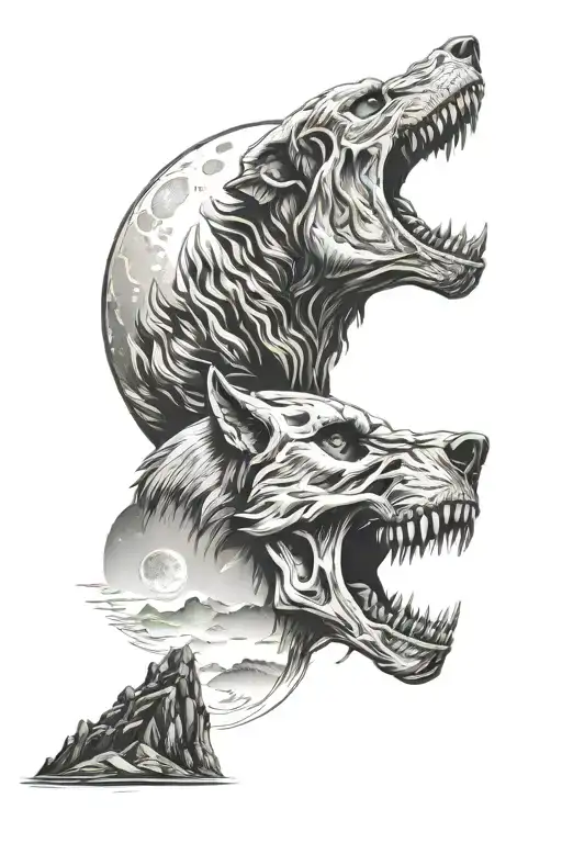 Skull Wolf Howling At The Moon Mountain Landscape