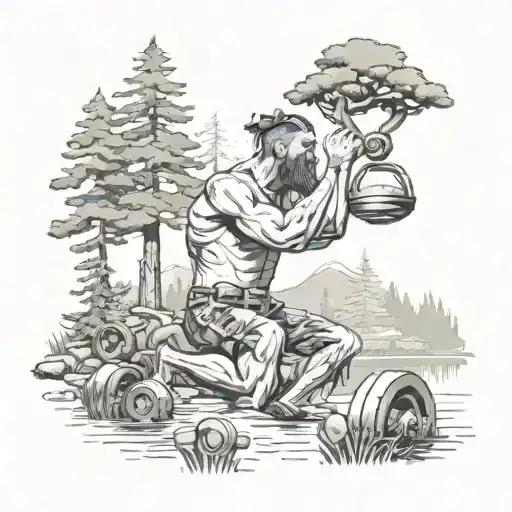 Man With Weights In The Forest By The Lake