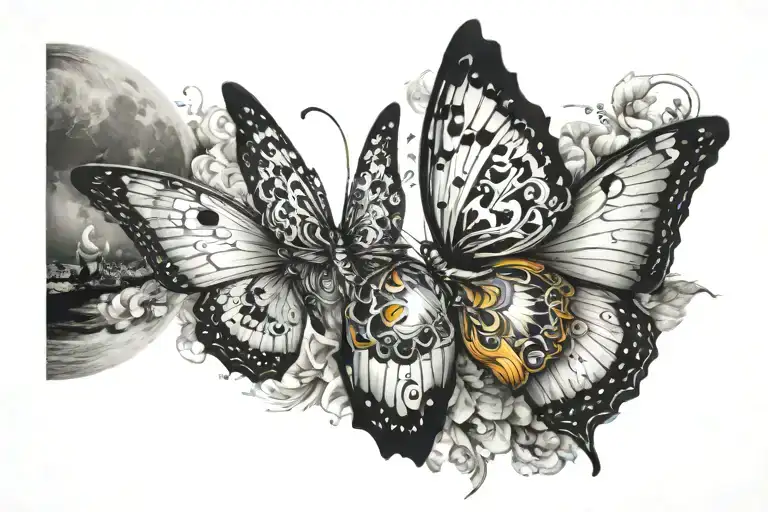 Back Left Side Sun And Right Side Moon With In Middle Butterfly Flying