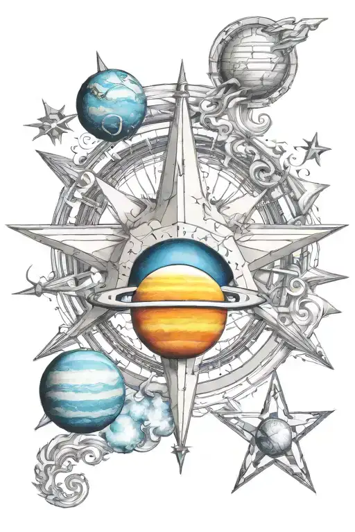 5 Point Nautical Star With Saturn And Venus In Color