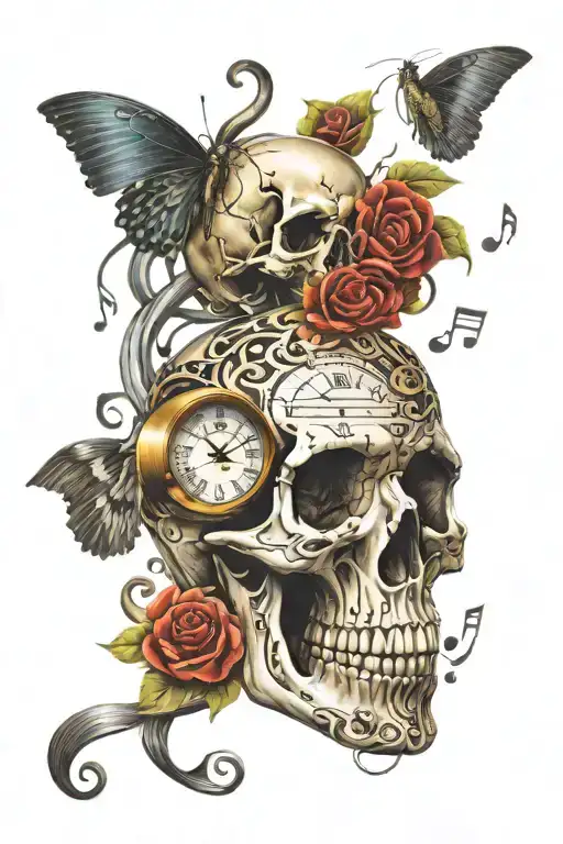 Time And Skull Hearing Music Notes Flowing