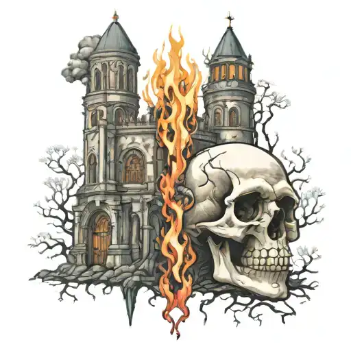 Burning Gothic Monastery Growing Up From The Skull