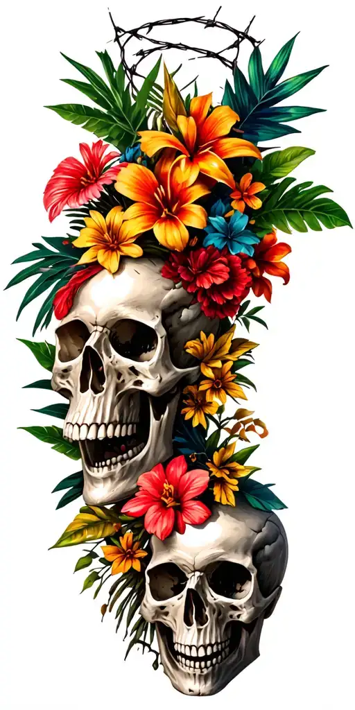 Skulls Surrounded By Tropical Flower Bouquet And Barbed Wire