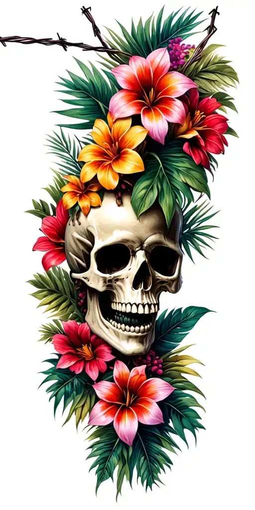 One Skull Surrounded By Tropical Flower Bouquet And Barbed Wire