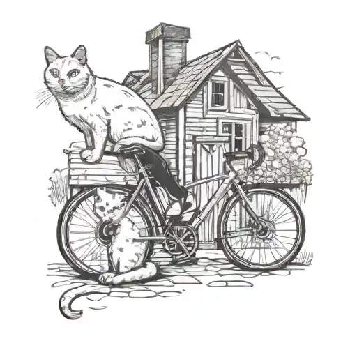 A Road Bike Cyclist With His White British Cat Stand In Front Of Wooden Village House