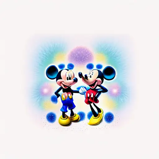 Disney Fireworks In Background With Mickey Head Silhouette Boy And Girl In Front