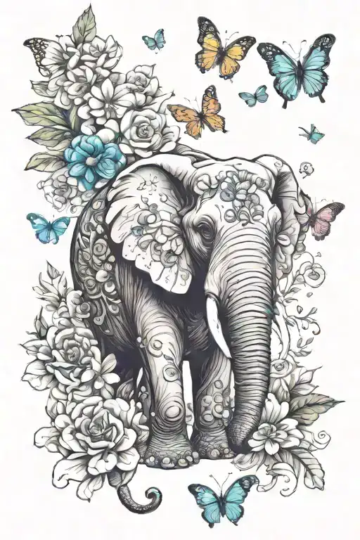 Elephant With Flowers And Butterflies
