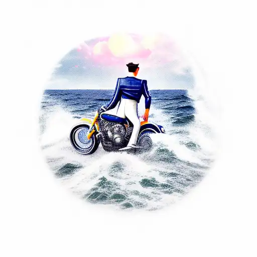 A Sailor Riding A Motorcycle On The Open Road With Waves Crashing In The Background