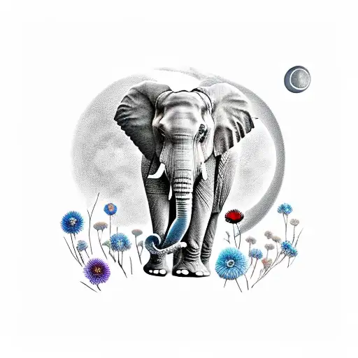 Elephant With The Moon In The Background Walking In A Field Of Dahlia Flowers