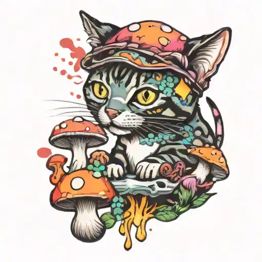 Colorful Trippy Cat Eating Mushroom