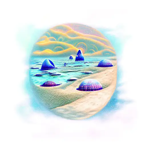 Beautiful Surreal Landscape With Mermaids And Beaches On The Moon And Aliens Or Tikis