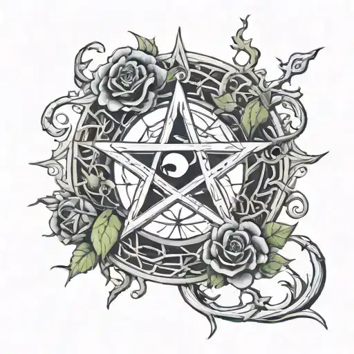 Pentacle Of Thorns With A Rose And A Yin Yang