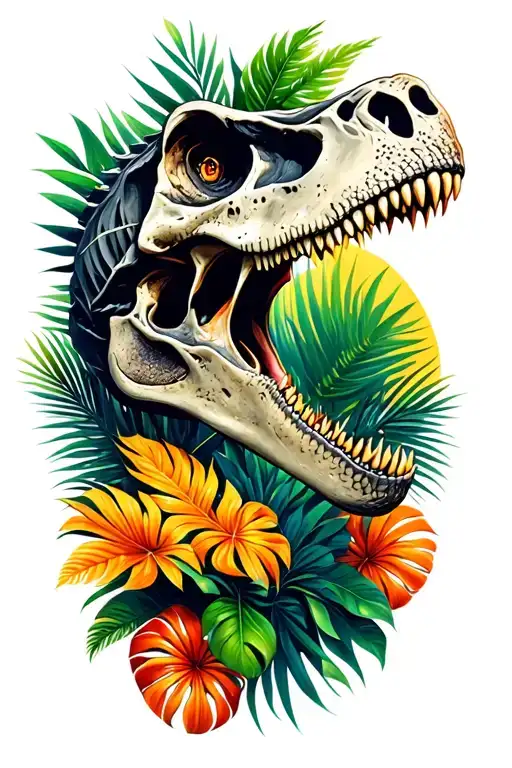 Tyrannosaurus Rex Skull Head Side Profile With Tropical Foliage