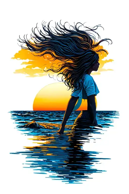 A Girl Watching The Sunset And The Wind Blowing Her Hair