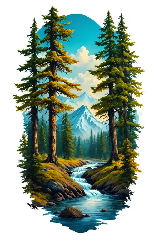 Forest With River Flowing And Mountain In Background