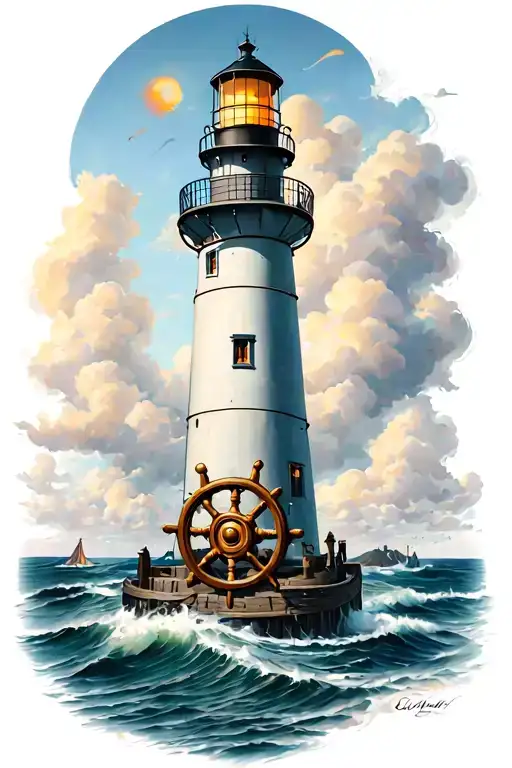 Lighthouse With Ships Wheel