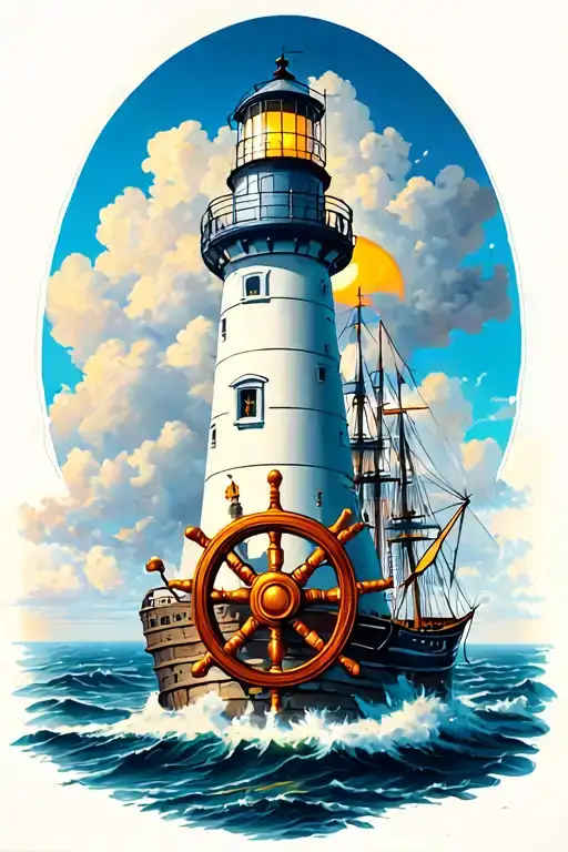 Lighthouse With Ships Wheel