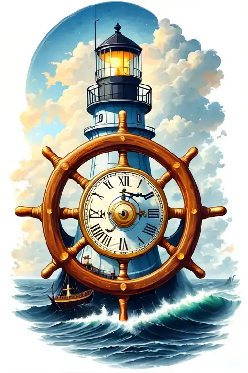 Ships Wheel With Clock Inside On A Lighthouse