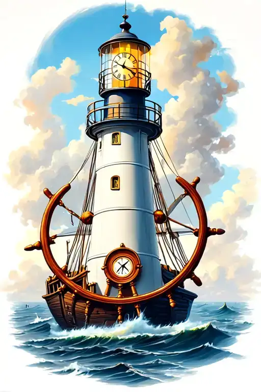 Ships Wheel With Clock Inside On A Lighthouse