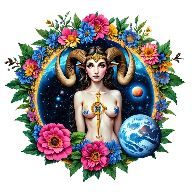 Sexy Aries Goddess Surrounded By Flowers With Sign Incorporated With Mars Within Space