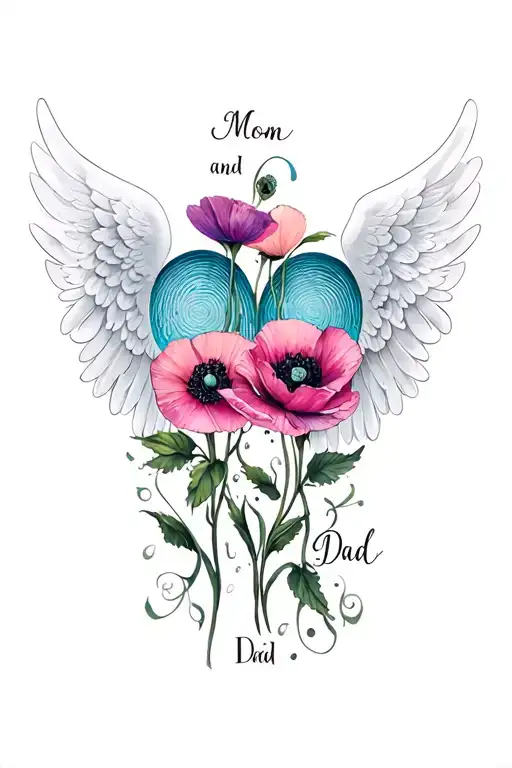 Two Fingerprints With Angel Wings And Poppy Flowers With Mom And Dad Written On Either Side