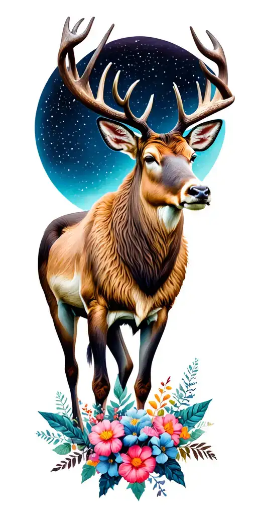 Caribou With Flowers And Night Sky Filled