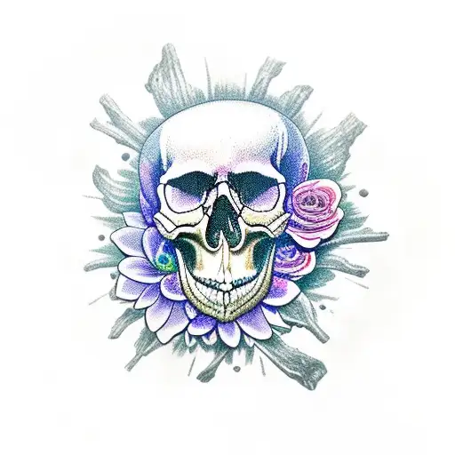 Skull With Flowers And Mushrooms Coming Out Of The Inside