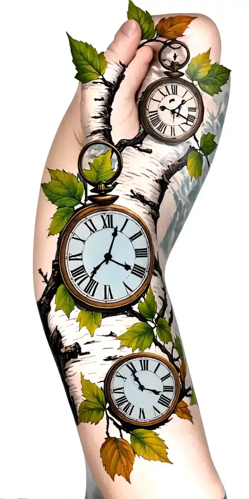 Birch Branches With Hunter Green Leaves With Only Three Clocks Integrated Into It For An Arm Sleeve