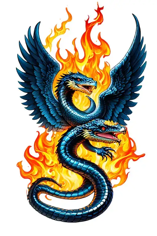 Cobra With Phoenix Wings Rising From Flames