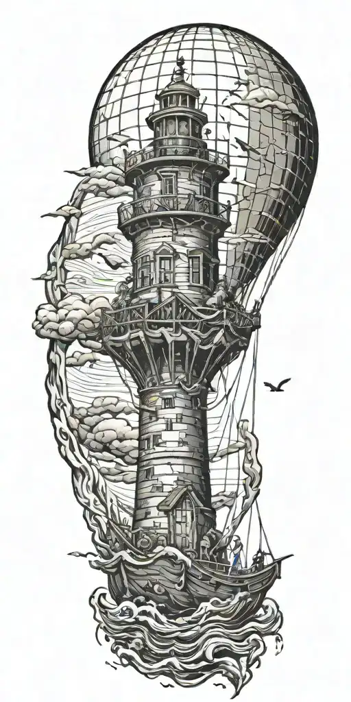 Light House Hot Air Balloon Shipwreck Surrounded By Sea